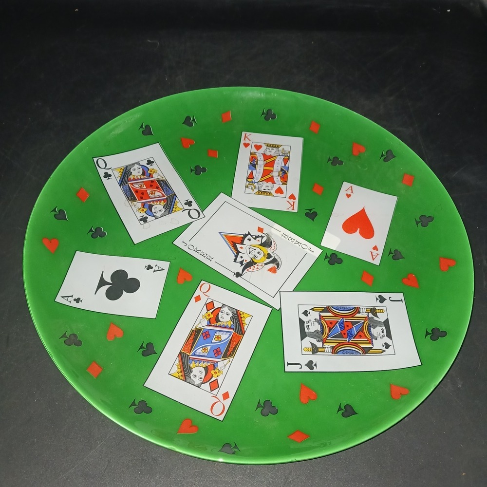 VINTAGE Green Glass 12" Snack Platter Spades Bridge Poker Cards Queen King Ace